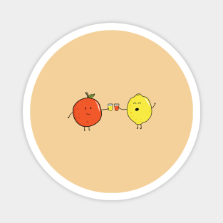 funny fruits orange and lemon drinking juice together Magnet